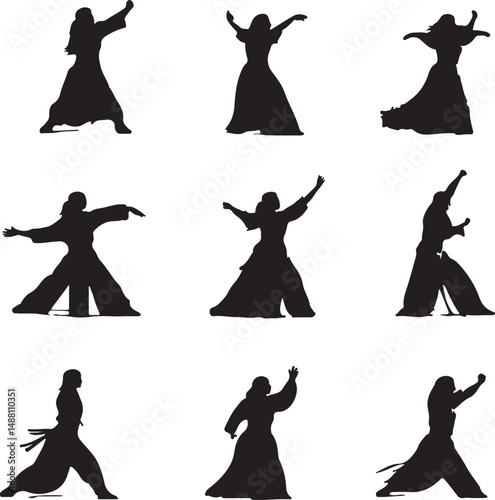 Silhouette Vector Art: Martial Arts Kendo Poses, Female Figures in Traditional Hakama Uniforms, Black and White Graphic Illustration