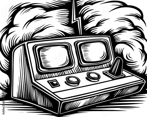 SVG showing natural disasters impacting power infrastructure and energy supply. Vintage Video Game Console with Retro Style Design and Smoke Effect