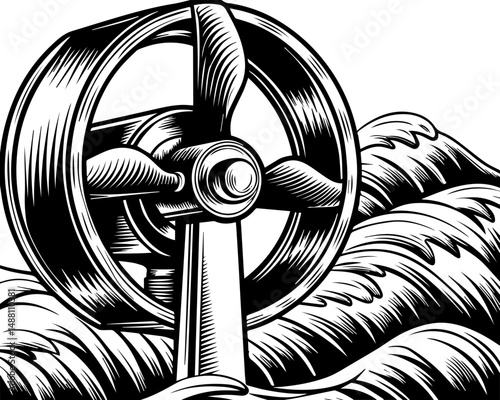 SVG showing natural disasters impacting power infrastructure and energy supply. Vintage Style Illustration of a Steam Engine Wheel and Waves