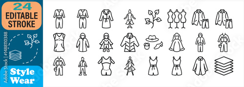 Collection of fashionable clothes style wear icons in editable outline stroke vector