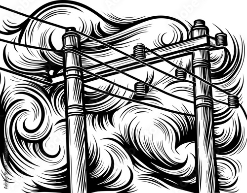 SVG showing natural disasters impacting power infrastructure and energy supply. Abstract Black and White Illustration of Electric Poles and Wind