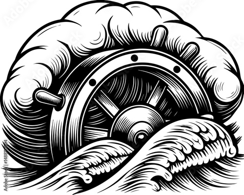 SVG showing natural disasters impacting power infrastructure and energy supply. Vintage Nautical Steering Wheel with Waves and Cloud Design