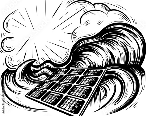 SVG showing natural disasters impacting power infrastructure and energy supply. Solar Panel Surrounded by Waves with Sunlight in Black and White Art