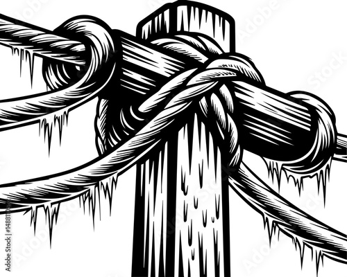 SVG showing natural disasters impacting power infrastructure and energy supply. Detailed Illustration of a Knotted Rope on a Wooden Post