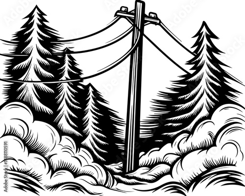 SVG showing natural disasters impacting power infrastructure and energy supply. Black and White Illustration of Power Pole Surrounded by Trees