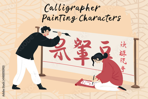 A skilled Chinese calligrapher meticulously paints elegant, large-scale Chinese characters with a brush and ink, showcasing traditional artistry.