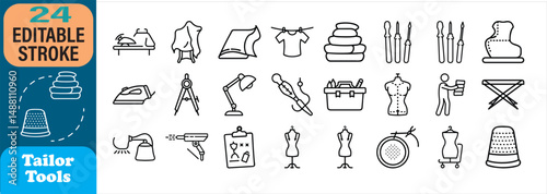 Collection of line art tailoring and sewing tools editable strokes set isolated icons