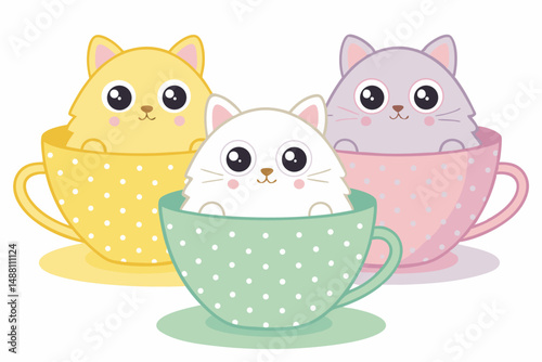 Two chubby tabby cats nestled inside giant polka-dotted teacups, whimsical illustration.
