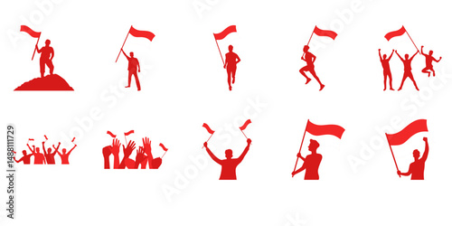 Set of silhouette of person holding indonesian flag for independence day decoration. Vector isolated.