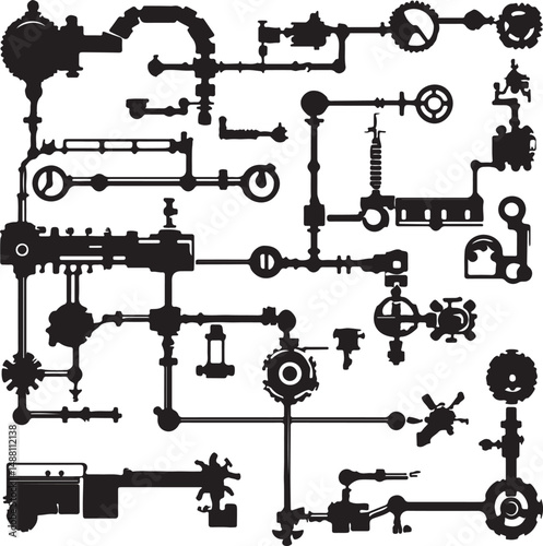 Steampunk Mechanical Vector Illustration: Intricate Black and White Pipes, Gears, and Gauges for Industrial Design and Retro-Futuristic Art