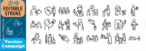 Collection of vaccine campaign icons illustrating vaccination process and medical procedures
