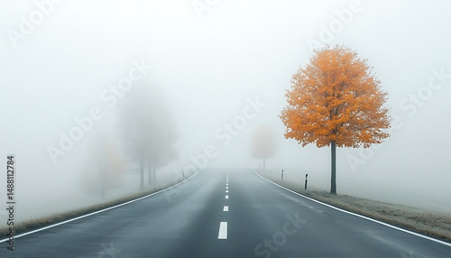 Autumn road with fog, and single tree.