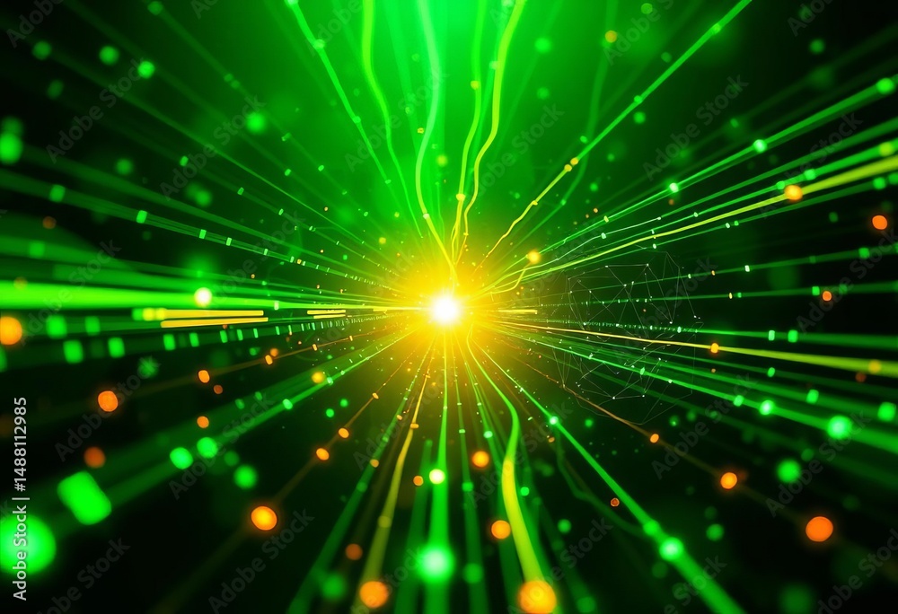 Obraz premium Abstract green tech background with glowing digital lines, data streams, nodes , artificial intelligence, Green technology