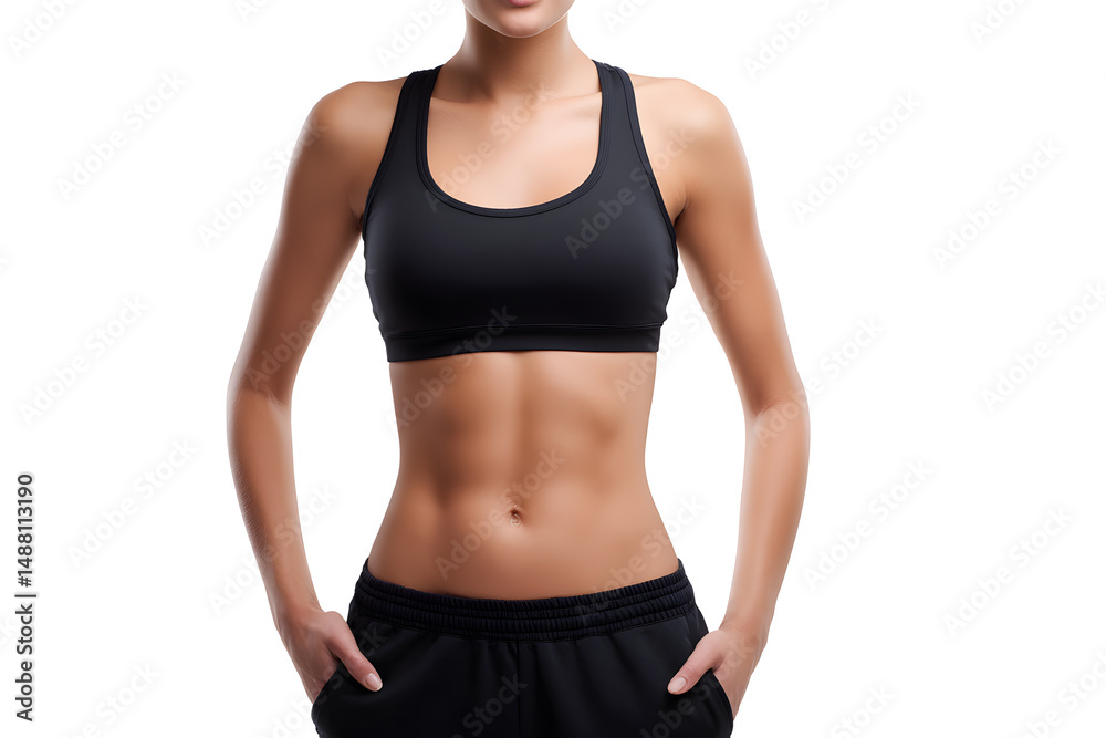 Woman's Midsection in Black Sportswear Isolated On White Background. Woman in Sportswear Showing Abdominal Muscles Woman's Midsection in Black Sportswear Isolated On White Background. Woman in Sportswear Showing Abdominal Muscles