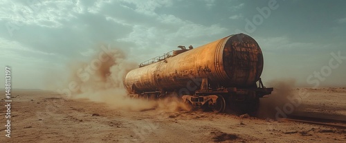 Deserted railcar in arid landscape evokes a sense of desolate abandonment