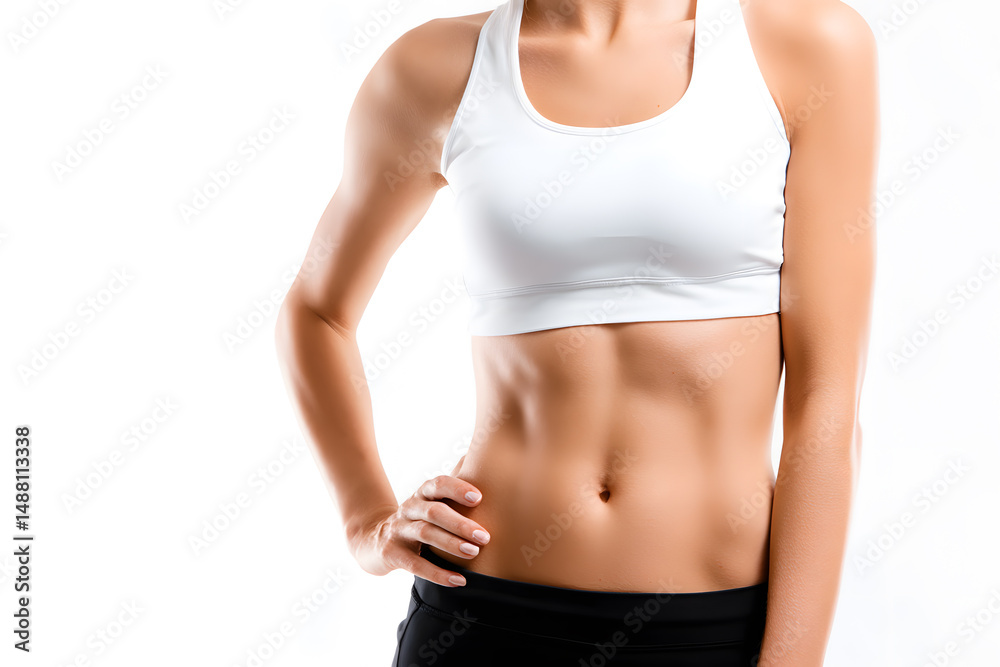 Woman's Midsection in White Sportswear Isolated On White Background. Woman in Sportswear Showing Abdominal Muscles Woman's Midsection in White Sportswear Isolated On White Background. Woman in Sportswear Showing Abdominal Muscles