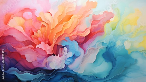 Abstract fluid art colorful composition with flowing shapes and vibrant tones