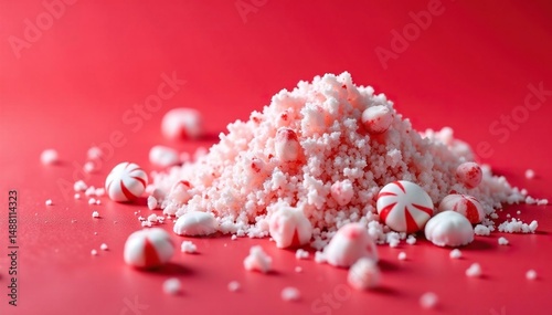 Close-up of crushed peppermint candy on red backdrop, crushed peppermint, holiday background
