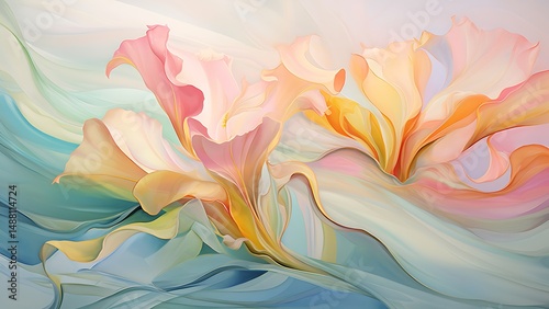 Artistic depiction of vibrant floral abstract with flowing colorful petals and soft ethereal backdrop