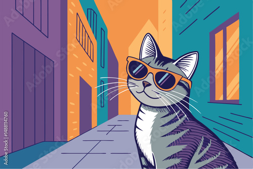 A stylish street cat, wearing sunglasses, sits nonchalantly in a gritty urban alleyway, showcasing a cool and independent attitude.