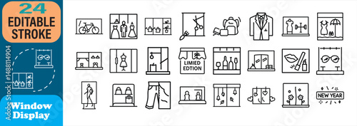 Twenty four editable stroke icons representing shop window displays of clothing and accessories