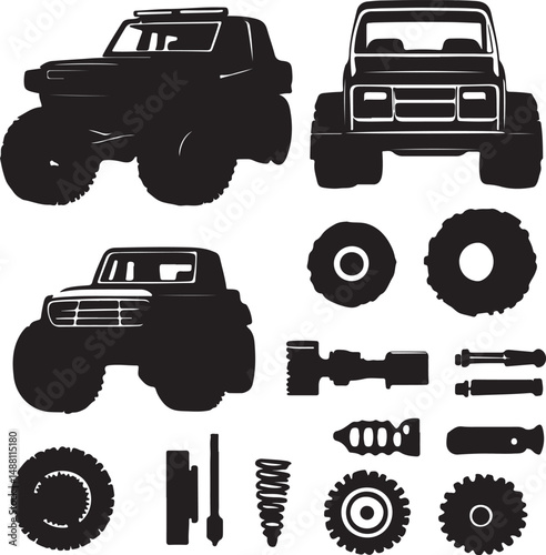 Monster Truck Silhouette Vector Graphics: Off-Road Vehicle Clipart, Truck Parts, Automotive Design Elements, Black and White Illustration