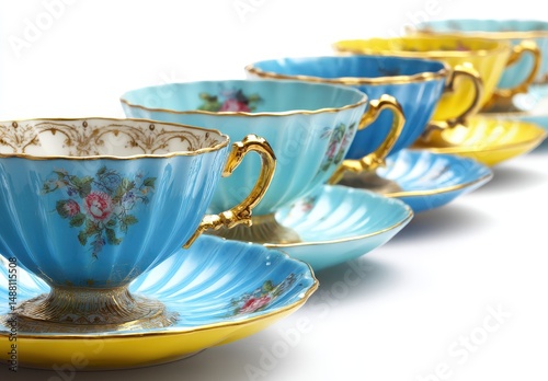 Four antique tea cups and their respective saucers are showcased in a high-resolution close-up shot against a plain white background