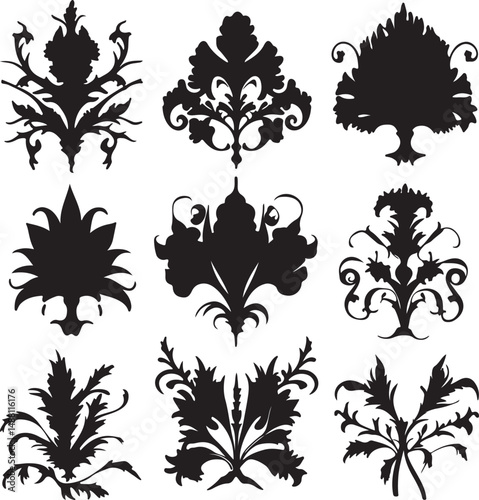 Ornate Black Silhouette Vector Designs: Floral Damask Pattern Elements for Vintage Style Invitations, Decorations, and Graphic Design Projects