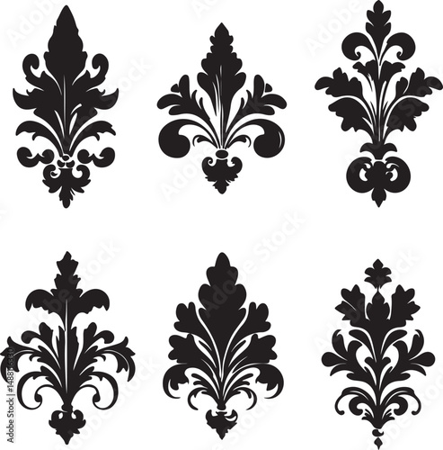 Elegant Damask Vector Designs: Set of 6 Ornate Black and White Floral Flourishes for Vintage Invitations, Wallpaper, and Decorative Elements
