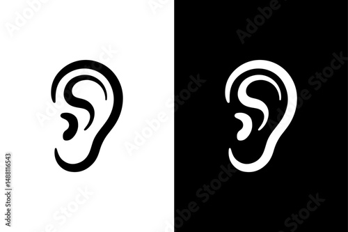 Human Ear Icon Vector Flat Silhouette Design in B&W.