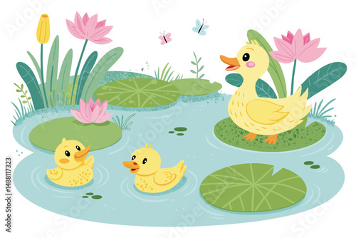 A picturesque duck pond teeming with life; ducks playfully splashing amidst vibrant green lily pads and tranquil water.  Sunlight glints off the water's surface.