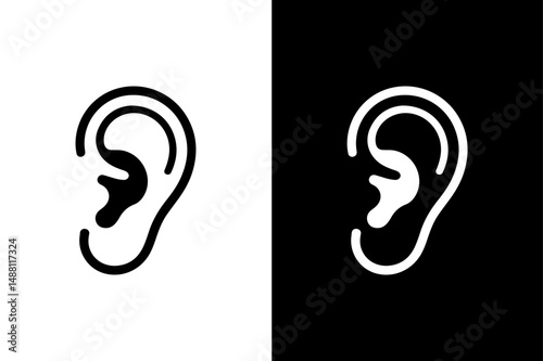 Black Ear Silhouette Minimal Human Ear Vector in Monochrome.
