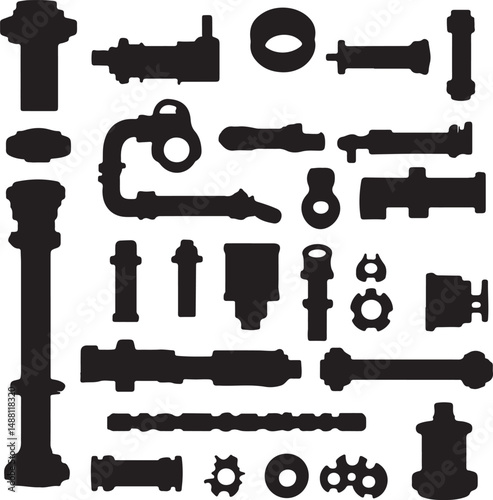 Silhouette Vector Graphics of Industrial Piping and Plumbing Parts: Black and White Illustration of Valves, Fittings, and Connectors