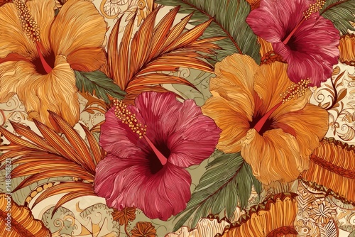Wallpaper Mural Vibrant tropical flowers with lush leaves create an inviting sum Torontodigital.ca