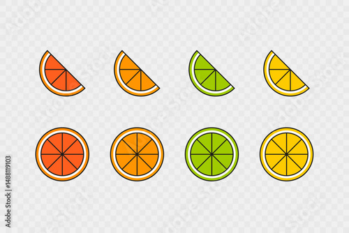 A set of vibrant vector icons featuring citrus fruit slices in flat design style. Perfect for menus, packaging, and creative design. Vector illustration EPS10.