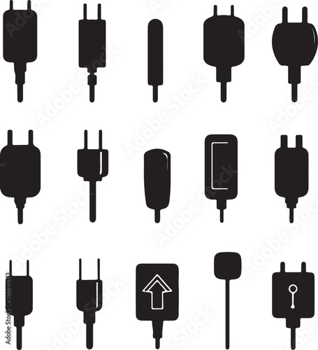Black and White Vector Silhouette Illustration of Various Electronic Device Chargers and Adapters for Mobile Phones and Gadgets - Charging Icons Set