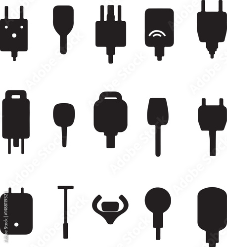 Silhouette Vector Illustration of Various Power Plug Types: Black and White Graphic Design of Electrical Connectors for Global Compatibility
