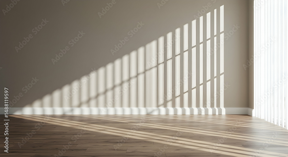 Obraz premium sunlit room, sunlight, shadows, Sunlight Streaming Through Vertical Blinds onto Wooden Floor