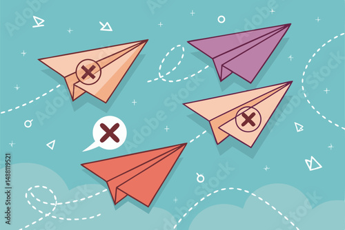 Falling paper airplanes, each bearing a large, crossed-out 'P' symbol, against a stark white background.  Illustrate frustration or cancelled plans.