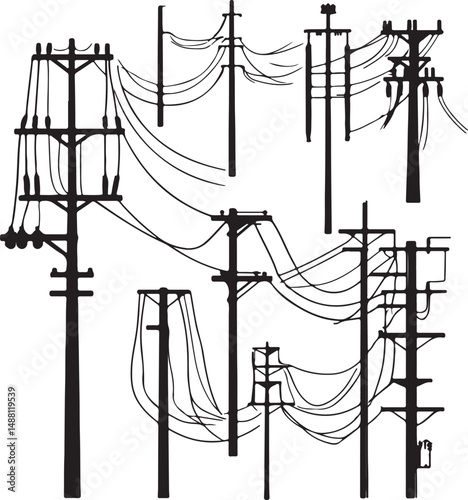 Black and White Vector Illustration of Power Lines and Utility Poles: Detailed Silhouette Graphic for Electrical Infrastructure Design