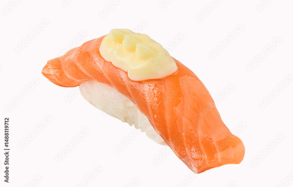 Seared salmon sushi nigiri with mayo topping on white background Seared salmon sushi nigiri with mayo topping on white background