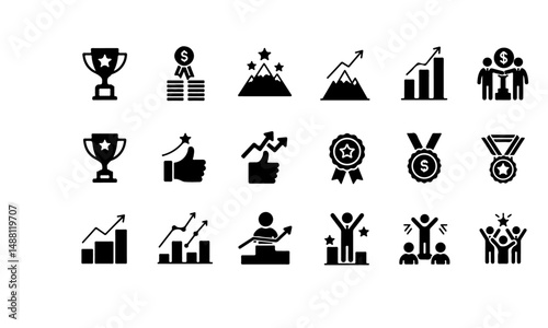 Solid Black Icons Set for Success and Achievement. icons representing various concepts of success, achievement, motivation, and growth.