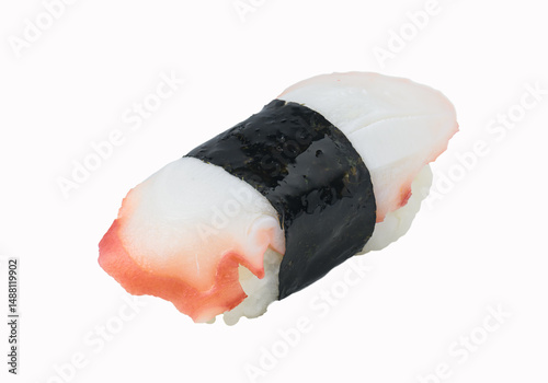 Squid sushi nigiri with seaweed wrap on white background