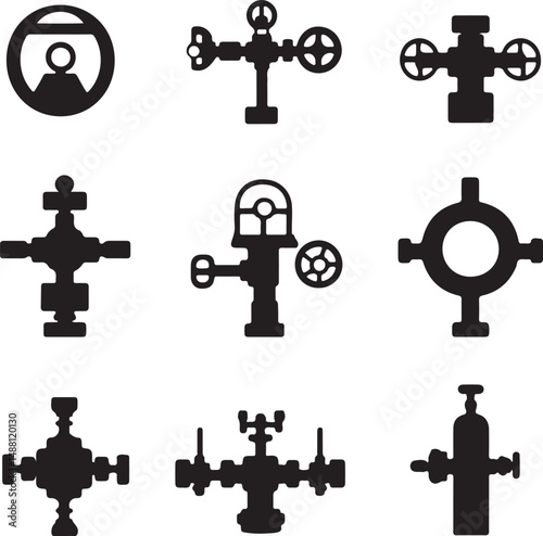 Black and White Vector Illustration of Oil Wellhead Equipment: Valves, Pipes, and Gauges for Petroleum Industry and Industrial Design Projects