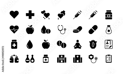 Title: Solid Black Medical and Healthcare Icons Set. representing various aspects of medicine, healthcare, and well-being.