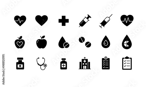 Title: Solid Black Medical and Healthcare Icons Set. representing various aspects of medicine, healthcare, and well-being.