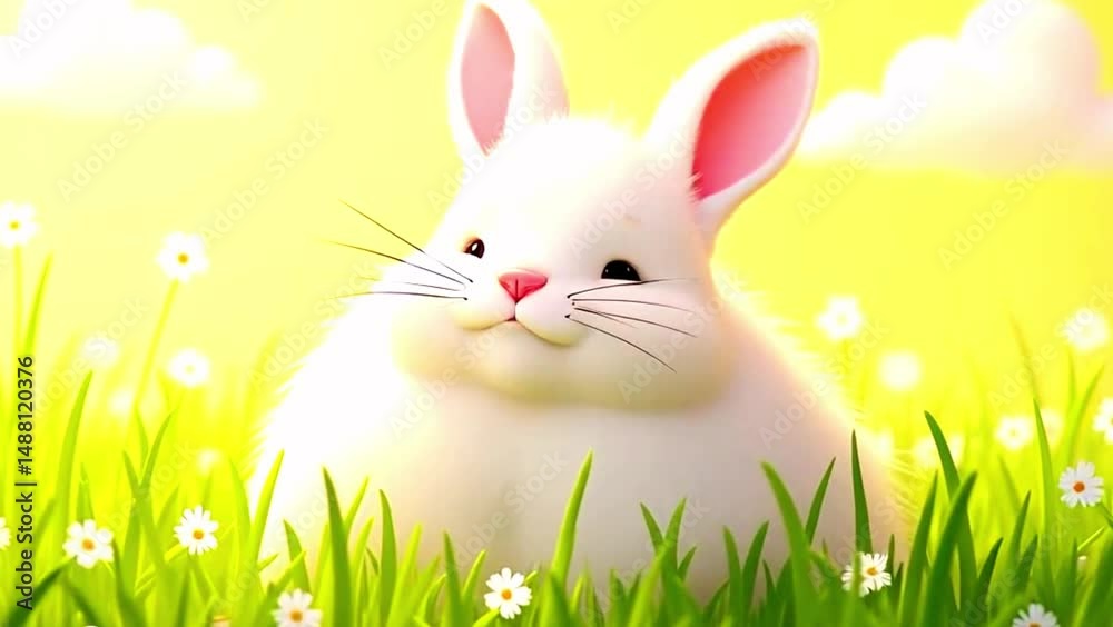 Cartoon bunny eating grass in a field of daisies under a sunny sky