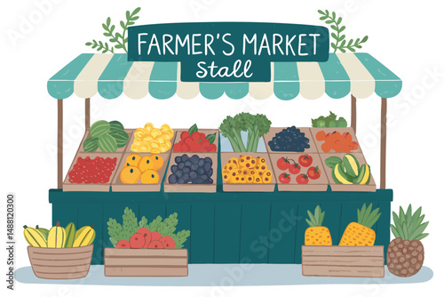 A vibrant farmer's market stall overflowing with fresh, colorful fruits and vegetables, showcasing the abundance of seasonal produce.