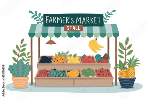 Vibrant farmer's market stall overflowing with colorful fruits, vegetables, and signs advertising seasonal produce.