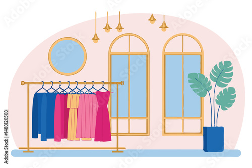 Capture the vibrant energy of a trendy fashion boutique; showcase stylish clothing displays, modern decor, and happy shoppers browsing unique apparel.